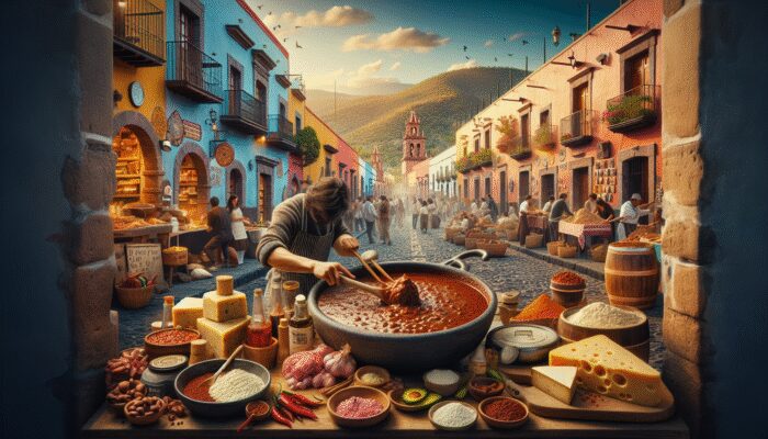 A culinary tour in San Miguel de Allende featuring cobblestone streets, colonial architecture, and a blend of indigenous and colonial dishes.