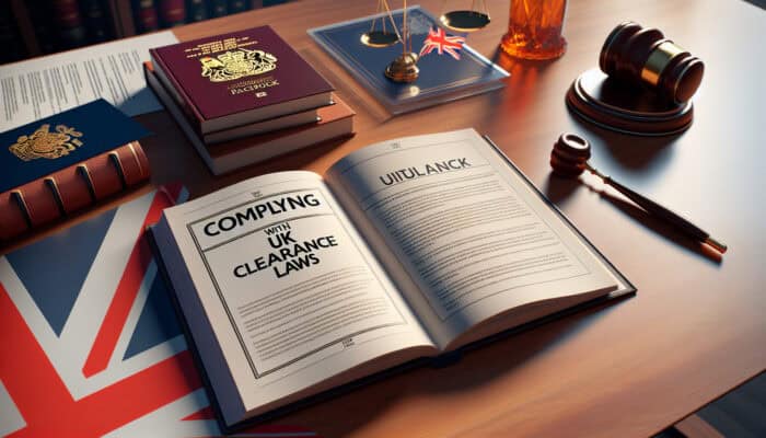 A guidebook on UK clearance laws with legal documents and Union Jack on a law office desk.