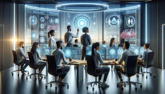 Diverse group of human virtual analysts in a tech office, examining data showing reduced churn and increased customer satisfaction.