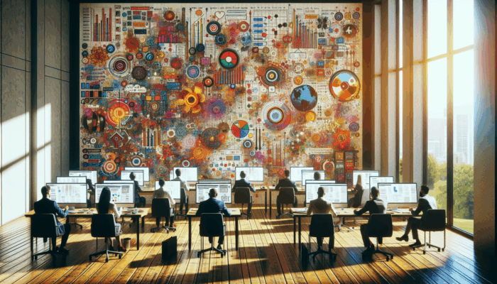 Comfy office setting in Chard populated with small business owners and web development specialists, featuring modern computers and vibrant web design posters.