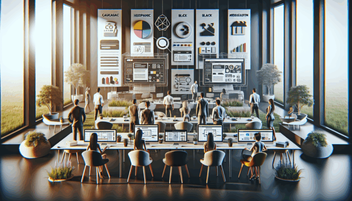 Modern web design studio in Chard showcasing responsive mobile layouts and SEO analytics, with local business owners collaborating.