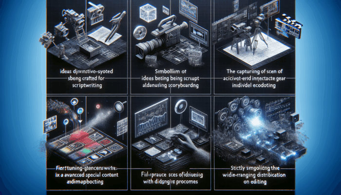 A detailed overview of Small Business Video Production stages: scriptwriting, storyboarding, filming, editing, and digital distribution.