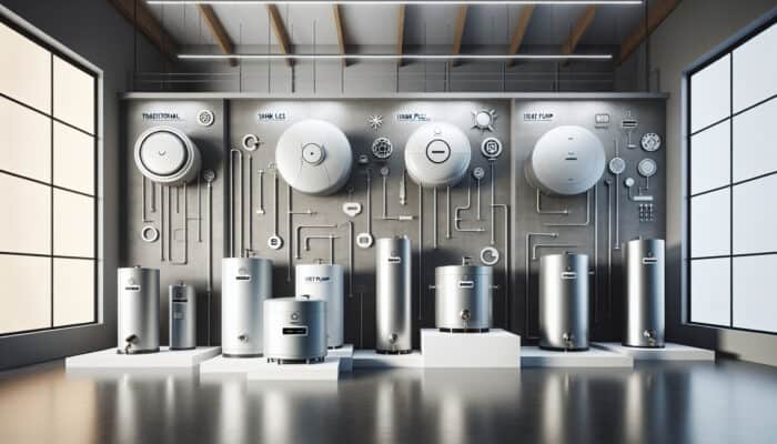 Hot Water Tank Services in Ladner Delta: A modern showroom displaying various hot water tanks: conventional, tankless, and heat pump models.