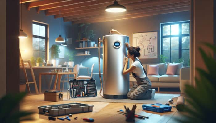 A modern hot water tank located in a comfortable Ladner, Delta basement, serviced by a professional plumber.