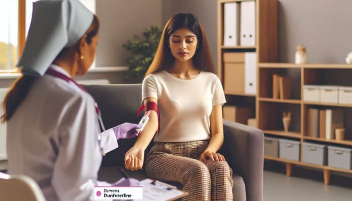 A woman receiving a rapid pregnancy blood test in a private, modern clinic in Dunfermline.