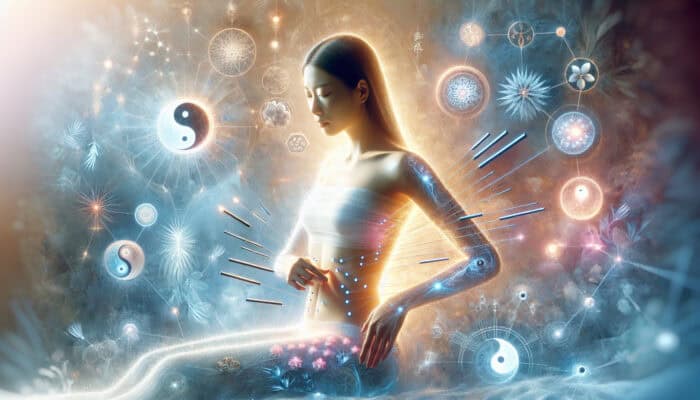 A serene East Asian woman receiving acupuncture on her abdomen, surrounded by soft light and traditional Chinese medical diagrams.