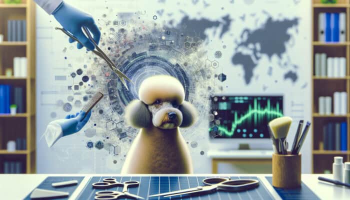 Poodle Hypoallergenic Grooming: A poodle undergoing hypoallergenic grooming in a salon, using specialized tools to reduce allergens, with the owner watching.