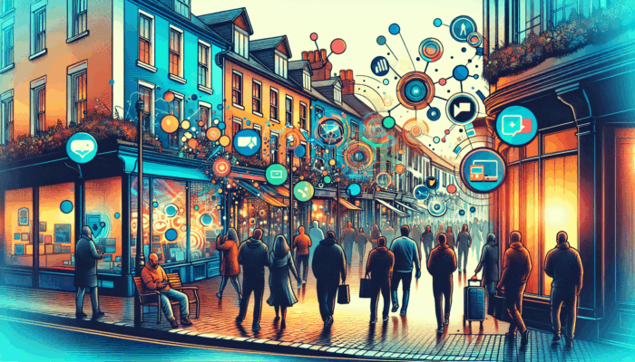 A bustling Exeter street with small businesses using SEO-optimised digital signs, mobile websites, and voice search.