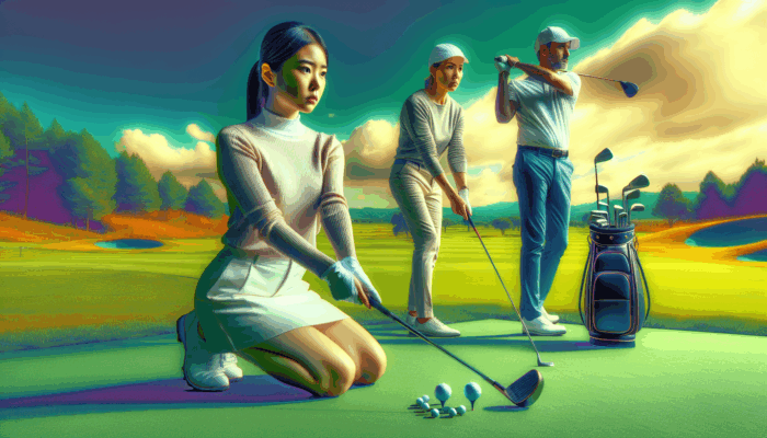 A beginner golfer practicing swings with training aids on a lush course, guided by experts.