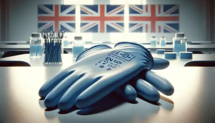 Blue nitrile gloves on a sterile lab table with EN455 and EN374 stamps, Union Jack, and EU symbols in the background.