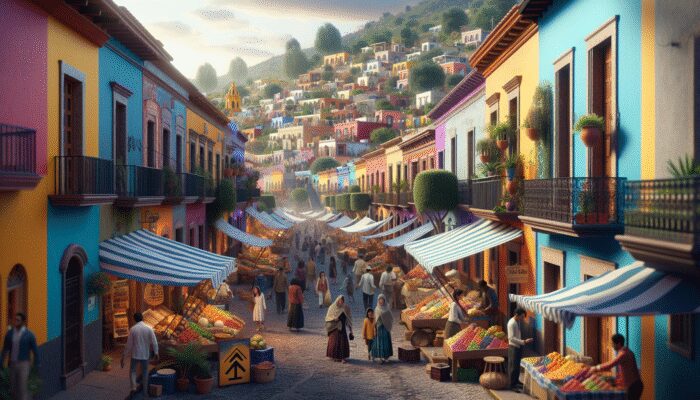 A vibrant street scene in San Miguel de Allende showcasing expatriates, local food markets, and a real estate sign reflecting increased property values.
