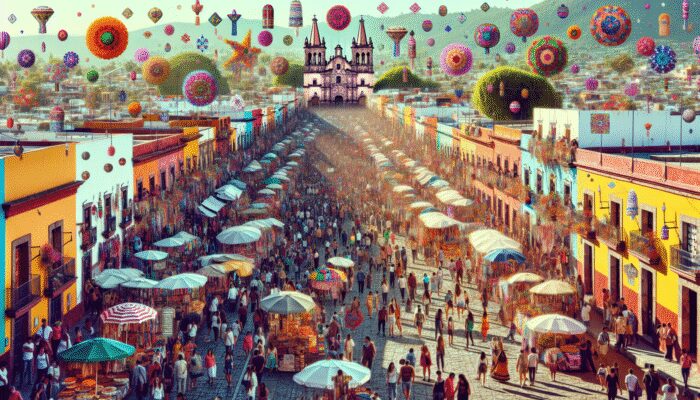 A lively street in San Miguel de Allende during Día de los Muertos, bustling with tourists and markets selling traditional items at elevated prices.