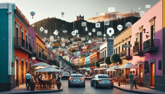 A busy street in San Miguel de Allende showcasing colonial architecture and modern real estate signs, reflecting rising housing prices and gentrification.