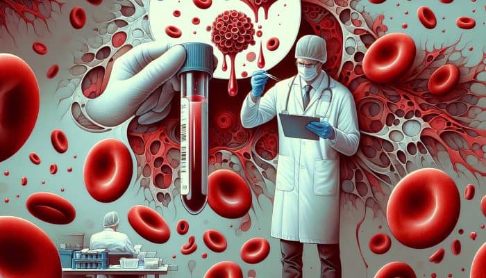 Ferritin Blood Test in Birmingham: Technician in white coat examines blood vial for ferritin test in Birmingham NHS lab, with iron proteins and anemia charts in background.