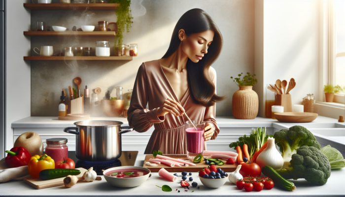 In a sunlit kitchen, a woman with glowing skin stirs collagen into a berry smoothie while bone broth simmers with fresh vegetables.