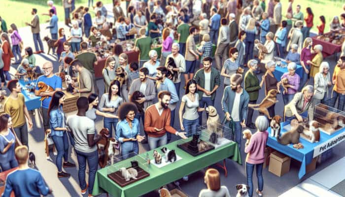 A vibrant pet adoption fair featuring families, pets, and volunteers providing expert advice.