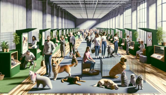 Organised pet adoption fair featuring expert-designed booths, calm animals, and engaged visitors.