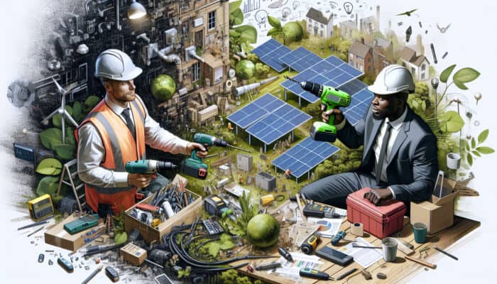 UK construction worker using cordless drill in eco-friendly, cluttered site with plants and solar panels.