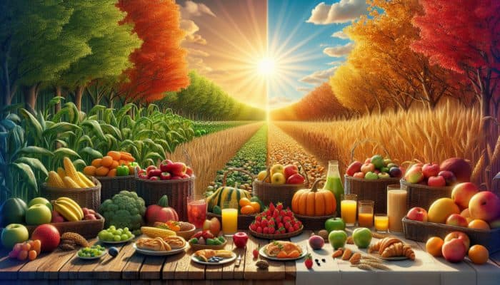 Top Lazy Sunday Brunch Recipes: A vibrant farmers' market scene with seasonal fruits and vegetables displayed in baskets for a colourful brunch.