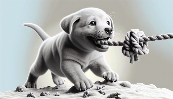 A playful puppy with a durable, non-toxic rope tug toy, sized appropriately, engaging in a safe tug-of-war game.