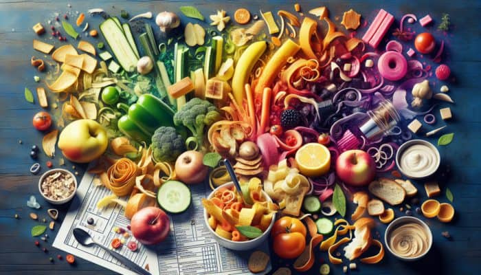 A colourful kitchen scene demonstrating food scraps transformed into exquisite upcycled dishes.