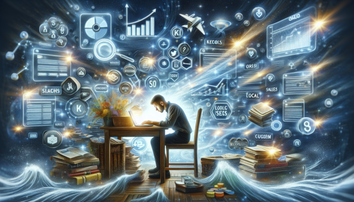 Focused owner in a bustling Nailsworth e-commerce shop analysing keywords on a laptop, surrounded by graphs of rising traffic and converting customers.