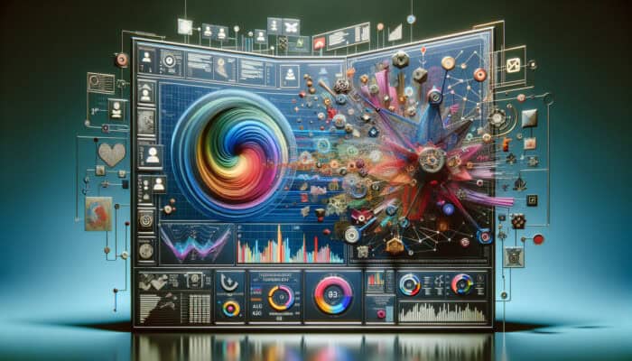 A digital dashboard displaying influencer metrics such as follower count, engagement rate, reach, and demographics through graphs and charts.