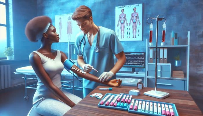 Pregnancy Blood Test in Sunderland: Nurse drawing blood from a hopeful woman in a serene Sunderland NHS clinic, surrounded by modern lab equipment for reliable pregnancy testing.