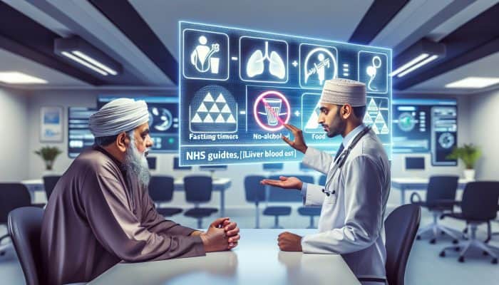 Liver Blood Test in Banbury: Focused patient in Banbury clinic reviews NHS liver blood test guidelines on screen with fasting timers, no-alcohol symbols, and dietary charts, as doctor advises.