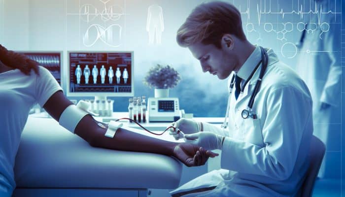 Pregnancy Blood Test in Leeds: A serene Leeds clinic where a nurse skillfully draws blood from a calm pregnant woman, complete with modern lab equipment and an hCG chart nearby.