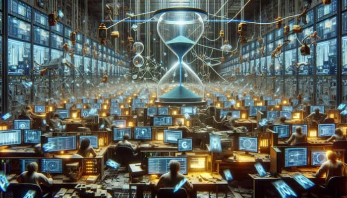 A chaotic high-tech control room with flickering screens of delayed data, tangled networks, frustrated operators, and emerging data management tools.