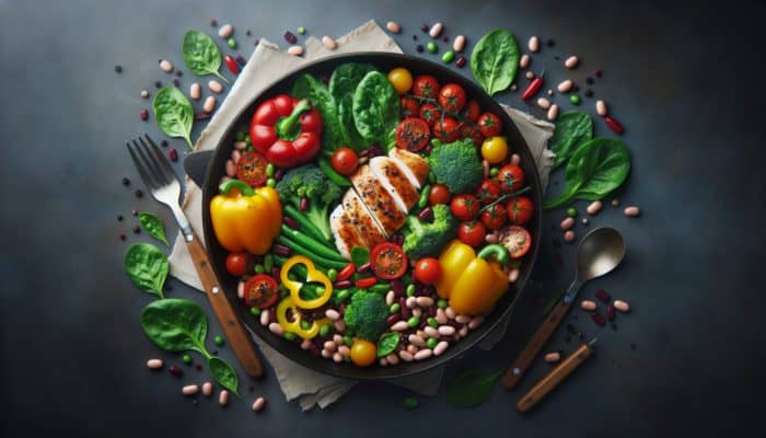 A colourful skillet meal with vegetables, chicken, and beans, offering nutrition and vibrant flavors.