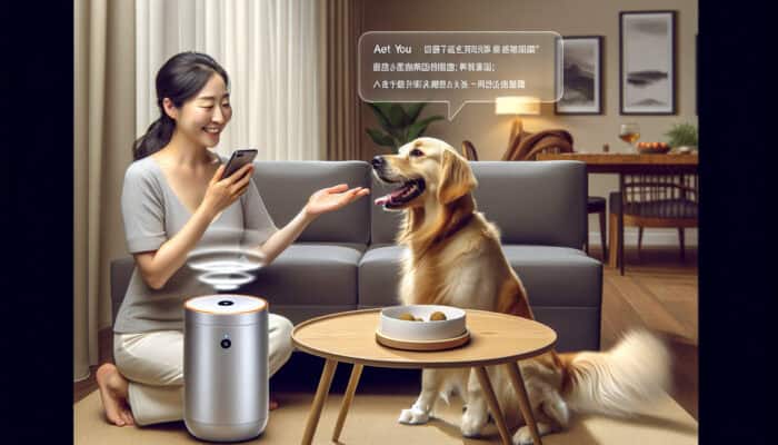 Voice-Activated Treat Dispensers for Pets: In a cozy living room, a relaxed owner speaks to a modern voice-activated treat dispenser as a joyful golden retriever jumps for a treat.