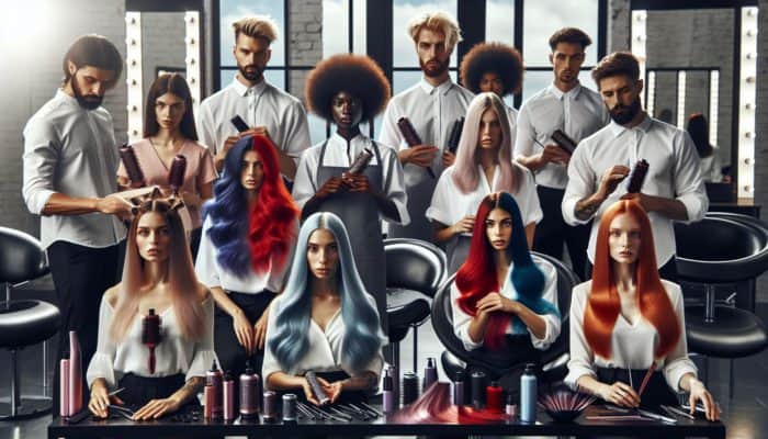 Channeling Extension Blending Techniques: Expert hairstylists in a modern salon demonstrate hair extension blending techniques on models with precision tools and vibrant colours.