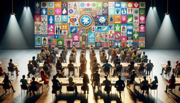 Diverse individuals engaged in a vibrant workshop, reviewing informative posters on hand hygiene, vaccination initiatives, and resource allocation for pandemic responses.