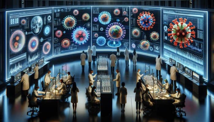 Futuristic command centre showcasing diverse scientists analysing holographic virus models and data screens, while medical teams vaccinate community members.