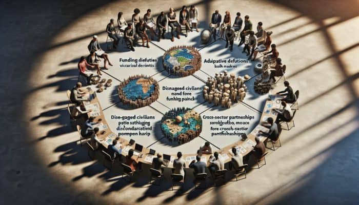 Diverse group brainstorming pandemic strategies in a dimly lit community centre, with charts addressing funding shortfalls, disengaged citizens, and training gaps.