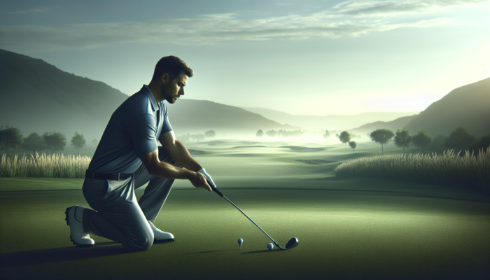 Golf Mental Strategies for Consistency: A golfer at dawn on a misty golf course, focusing through a pre-shot routine.