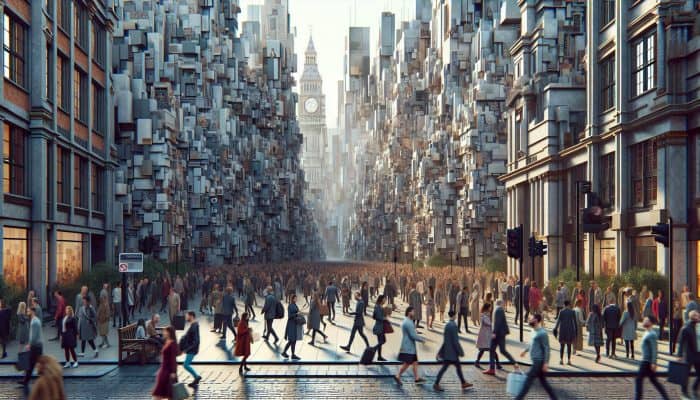 Mental Health for Urban Residents: A crowded UK city street illustrating the prevalence of mental health issues among diverse, stressed individuals.