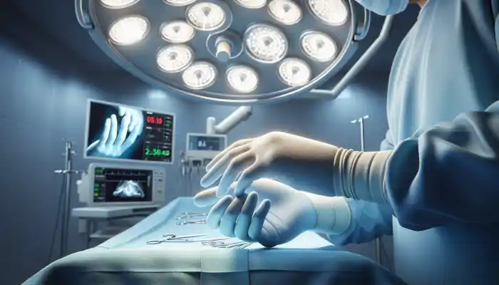 Essential Types of Disposable Gloves: A surgeon’s hands in snug blue latex gloves perform a precise procedure in a sterile NHS theatre under bright lights.