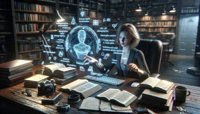 A frustrated writer in a dimly lit office interacts with a holographic AI assistant, viewing manuscript errors amid training guides.