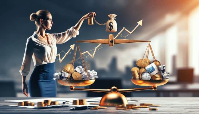 Eligibility for Large Debt Consolidation Loans | DCL A professional in London balances a golden scale with debt chains on one side and income graphs on the other, symbolizing low DTI for loan approval.