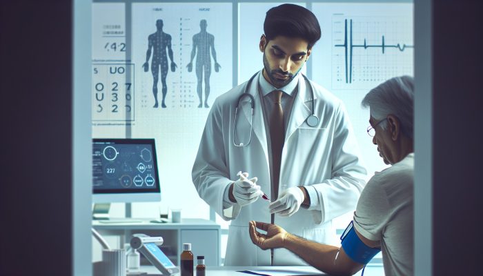 Diabetes Blood Test in Chorley: Doctor in white coat drawing blood from patient in NHS clinic, surrounded by HbA1c charts, glucose meters, and lab equipment for diabetes testing.