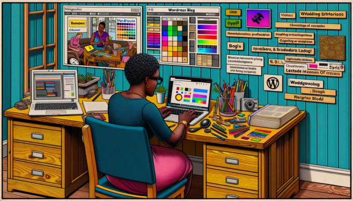 A determined small business owner in a cosy Bampton office designs a WordPress blog on a laptop with editing tools and brand elements.