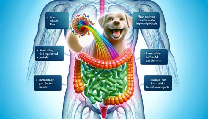 Cross-section of a happy dog's digestive system showing fibers bulking intestines and nourishing gut bacteria for better vitality.