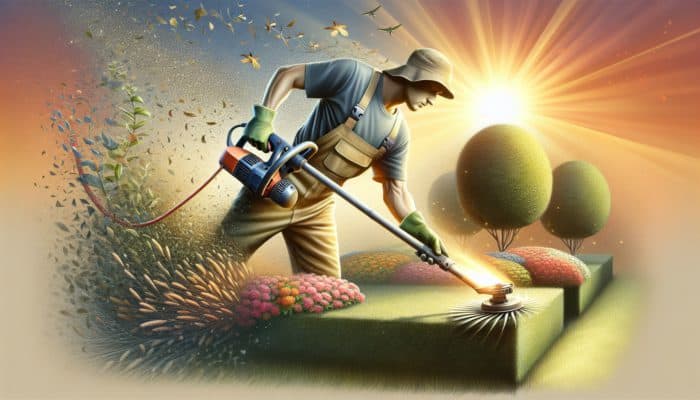 Skilled gardener in a sunlit garden uses adjustable electric trimmer to shape hedges and detail flower beds.