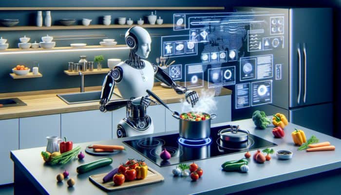 A futuristic robot with metallic arms chops vegetables, stirs a pot, and assembles a meal in a high-tech kitchen amid steam and colorful ingredients.