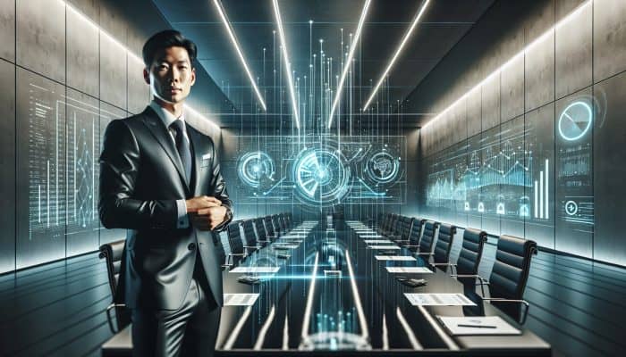 A sharp-suited negotiator in a high-tech boardroom, surrounded by holographic charts and beams of light symbolising strategies.