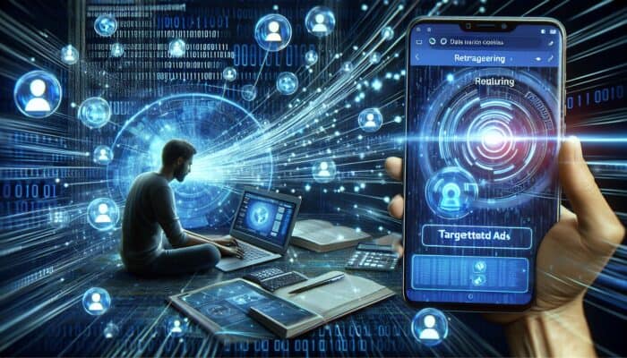 User browsing a laptop website, with glowing cookie trails leading to targeted ads on a smartphone, amid interconnected devices and binary code.