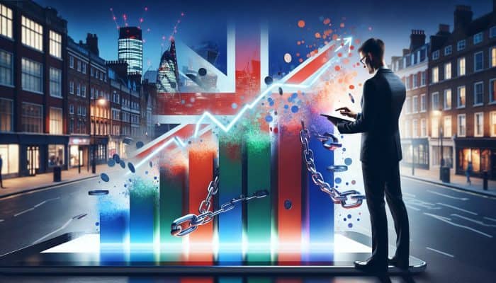 How Debt Consolidation Affects Future Borrowing | DCL British professional in London reviews upward credit score graph on tablet amid dissolving debt chains and Union Jack flags.